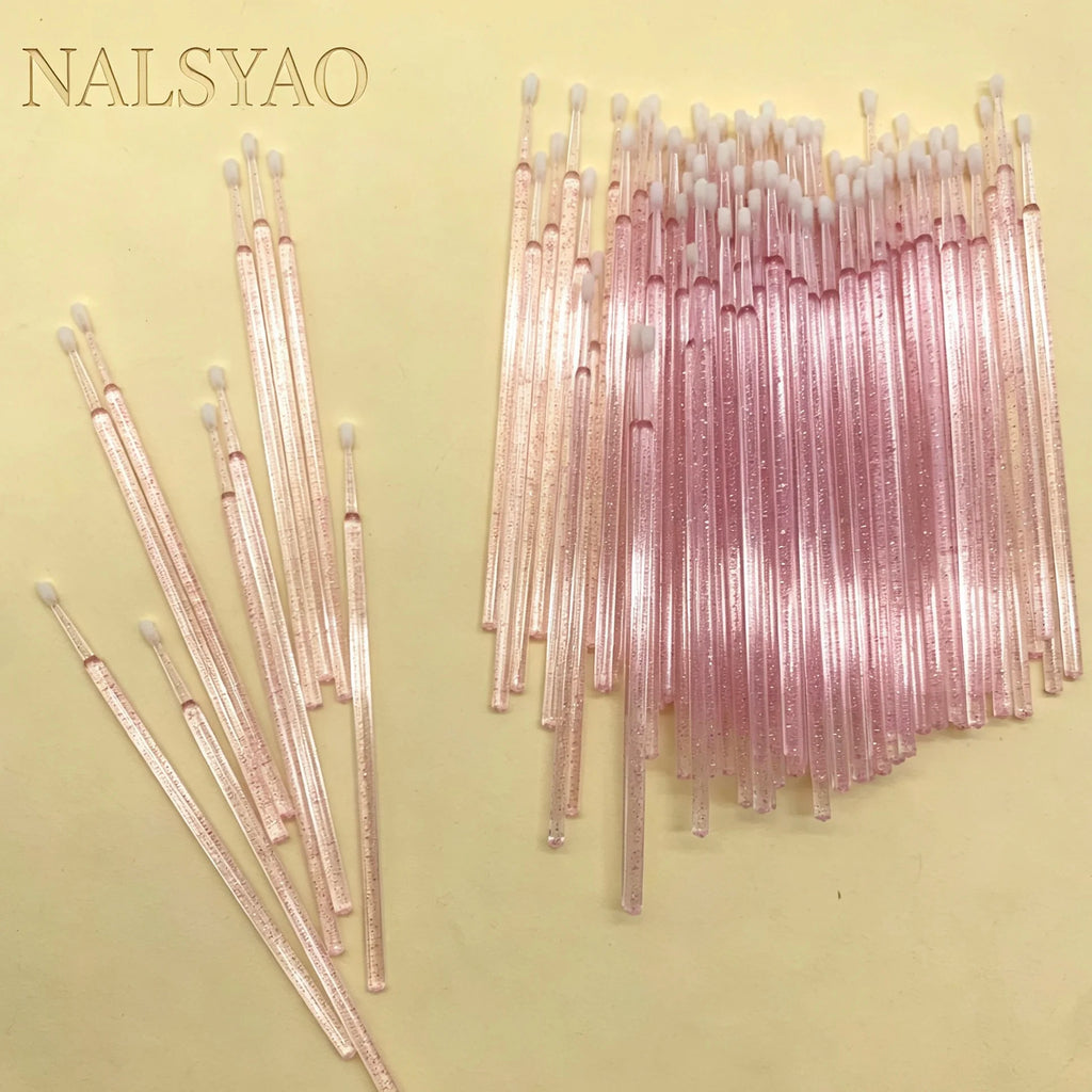 100/500Pcs Crystal Micro Applicator Brush for Eyelash Extension, Micro Cotton Swabs, Lips Mascara Wands, Pink Microbrush, Lash Lift