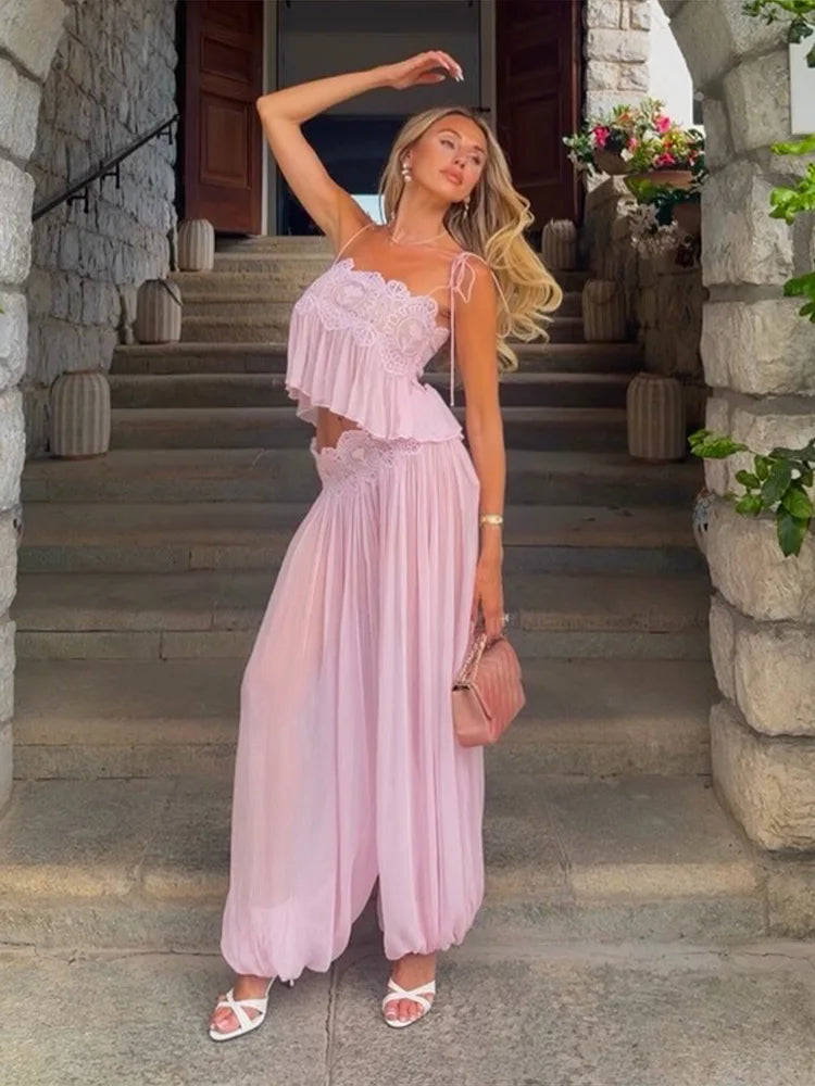 Women's Pant Set Sheer Layers Spaghetti Strap Backless Lace Top Straps Solid Loose Straight Elastic Hem Fashion Beach Chic Suits