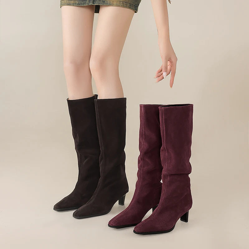 2025 New Trend Cow Suede Women Autumn Winter Slip-On Boots Chocolate Burgundy High Chunky Heels Square Toe Lady Knee High Boots