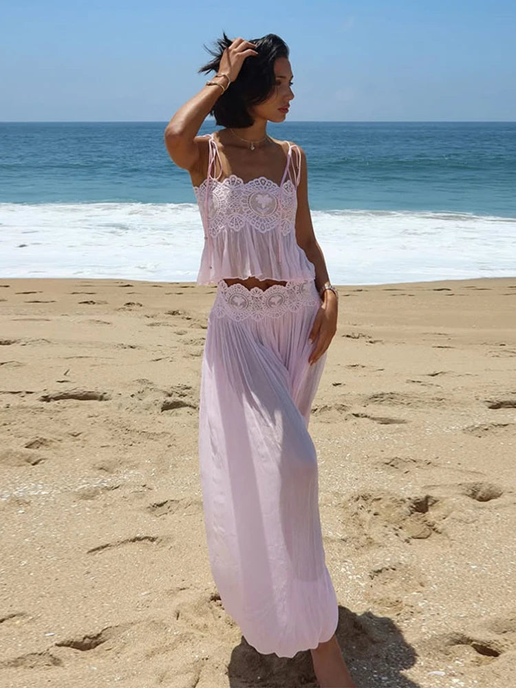 Women's Pant Set Sheer Layers Spaghetti Strap Backless Lace Top Straps Solid Loose Straight Elastic Hem Fashion Beach Chic Suits