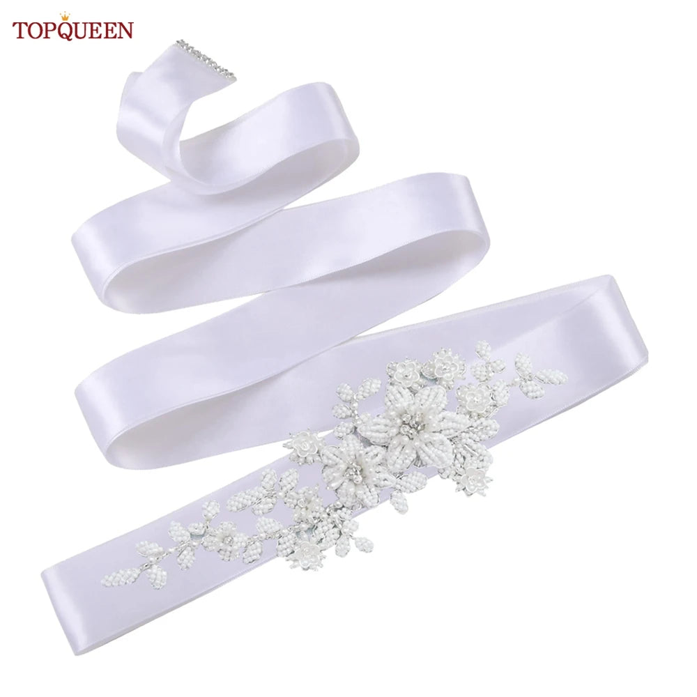 TOPQUEEN S484 Bridal Belt Fashion Wedding Accessories White Pearl Beaded Flower Sash Women's Party Dresses Accessories Appliques