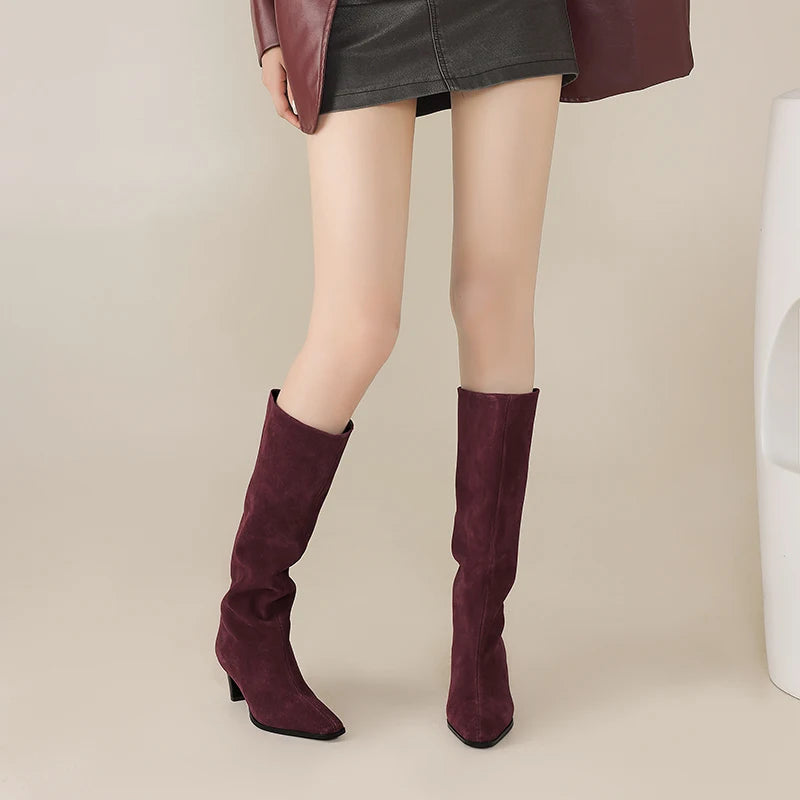 2025 New Trend Cow Suede Women Autumn Winter Slip-On Boots Chocolate Burgundy High Chunky Heels Square Toe Lady Knee High Boots