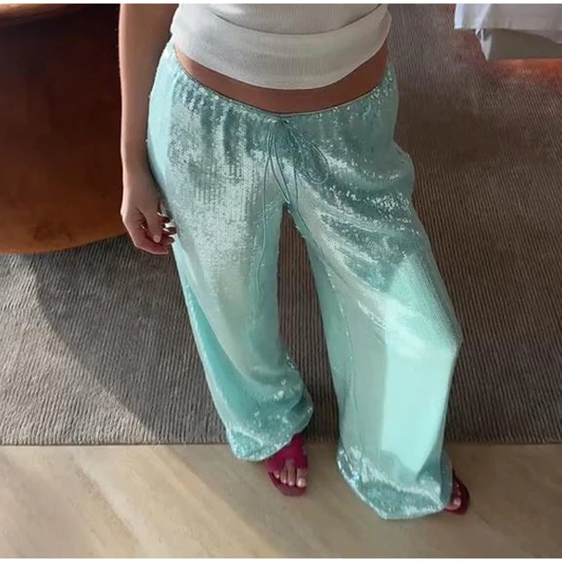 Loose Solid Color Sequin Pants Women Cinched Waist Glitter Straight Baggy Long Pants Casual Street Chic Sparkle Women's Trousers