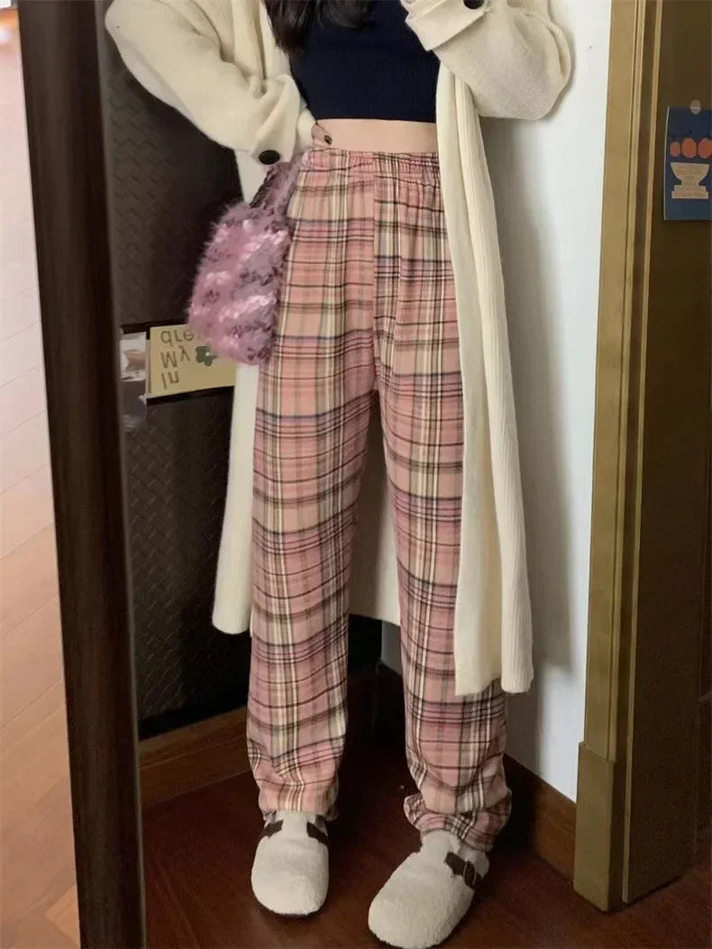 Fashion Warm Plush Pants Cashmere Thick Plaid Women's Winter Casual Loose Wide-legged Pants Korean Streetwear Students