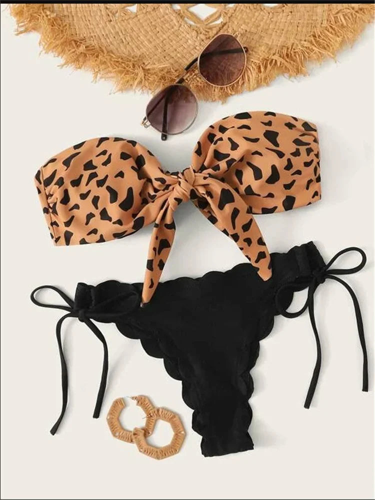 Beach Bikini 2026 Women Sexy Front Lace Up Tie Bandeau Leopard Swimsuit Female Push Up Ruffled Bow Bathing Suit Thong Swimwear
