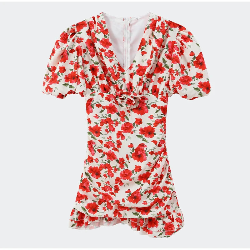 White Red Floral Ruched Puff Sleeve Mini Dress V-neck Ruffle Hem 3D Rose Dresses 2026 Summer Lady Party Sweet Date Vestidos New