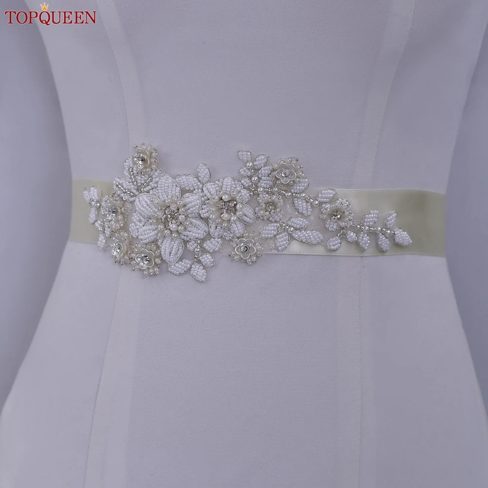TOPQUEEN S484 Bridal Belt Fashion Wedding Accessories White Pearl Beaded Flower Sash Women's Party Dresses Accessories Appliques