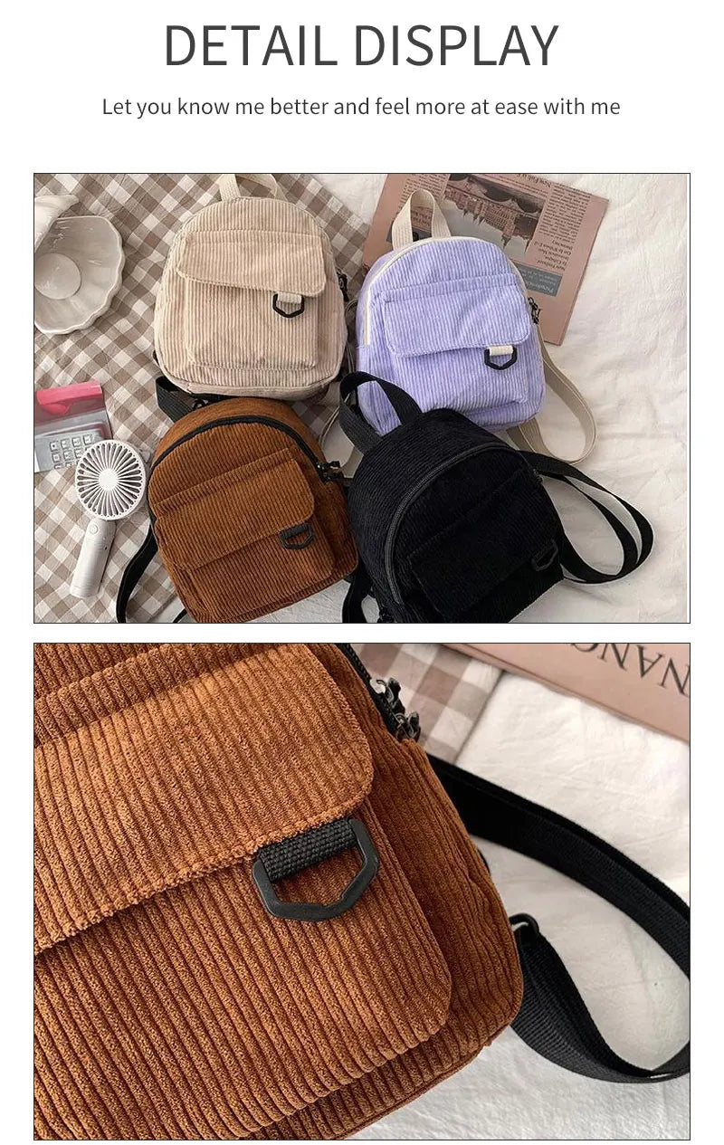 Womens Backpack Fashion Casual Corduroy Small Backpack Travel Stylish Backpack