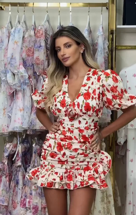 White Red Floral Ruched Puff Sleeve Mini Dress V-neck Ruffle Hem 3D Rose Dresses 2026 Summer Lady Party Sweet Date Vestidos New
