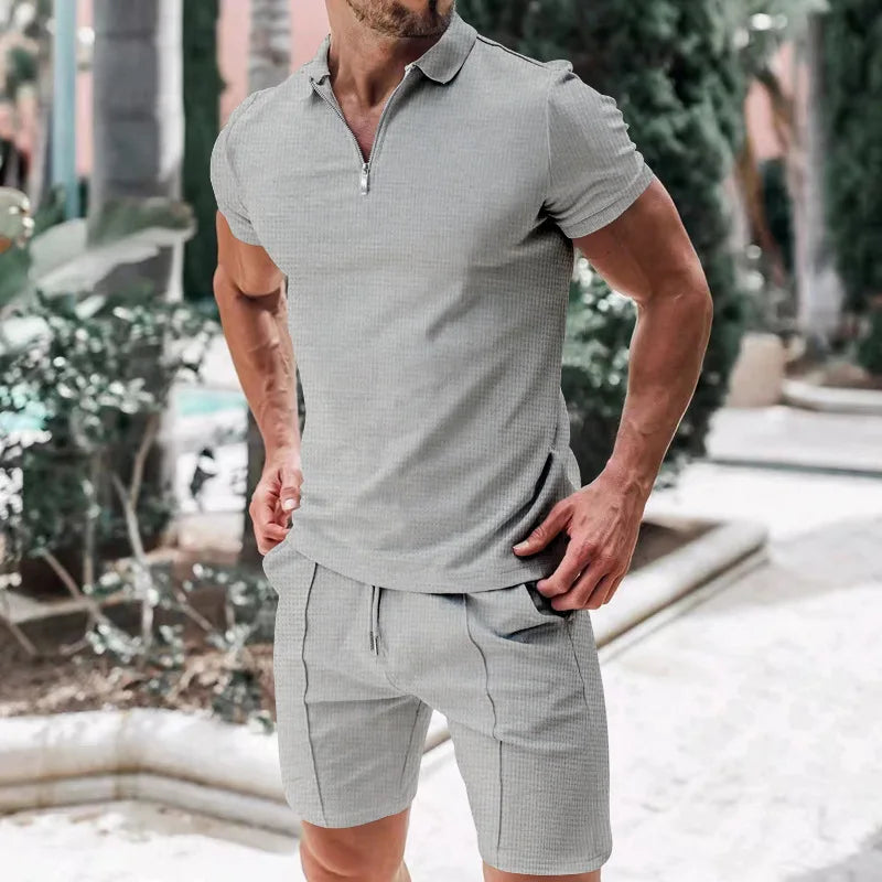 Summer Men's Sports Polo Suit Short Sleeve Stylish Zipper Polo Shirt And Shorts Set Men Casual Streetwear 2-Piece Leisure Sports Set