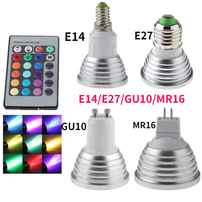 New RGB LED Spotlight 3W E27 E14 GU10 GU5.3 MR16 With 24-Key Remote Control Color Dimmable Light Bulbs For Home Decoration