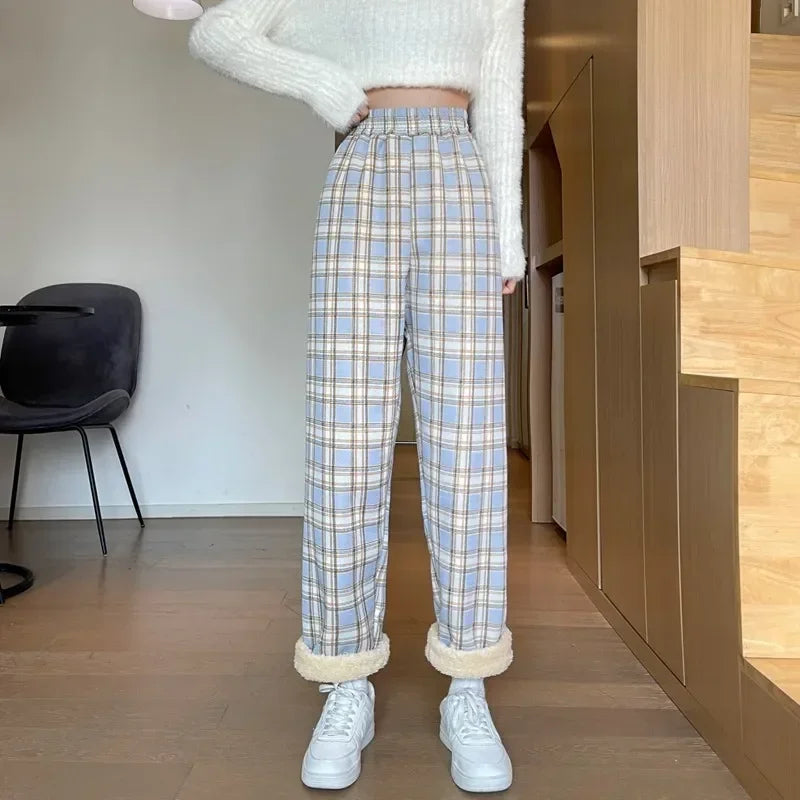 Fashion Warm Plush Pants Cashmere Thick Plaid Women's Winter Casual Loose Wide-legged Pants Korean Streetwear Students