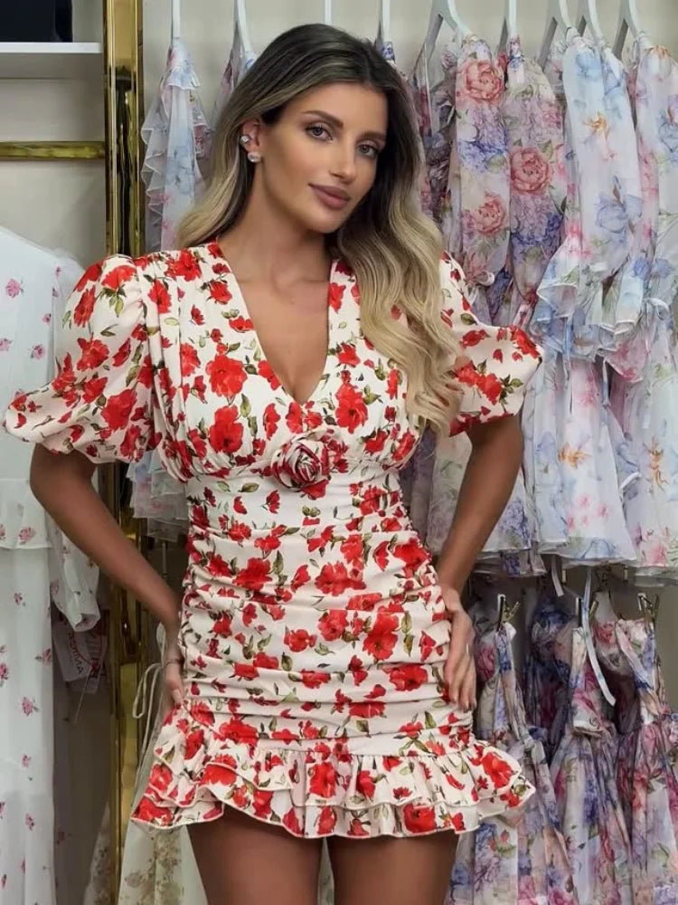 White Red Floral Ruched Puff Sleeve Mini Dress V-neck Ruffle Hem 3D Rose Dresses 2026 Summer Lady Party Sweet Date Vestidos New