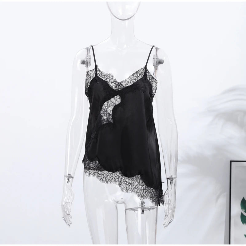 Lace Spliced Square Neck Spaghetti Strap Blouse Loose Fit Cropped 2026 Summer Women Chiffon Top Casual Delicate Lady Blouse