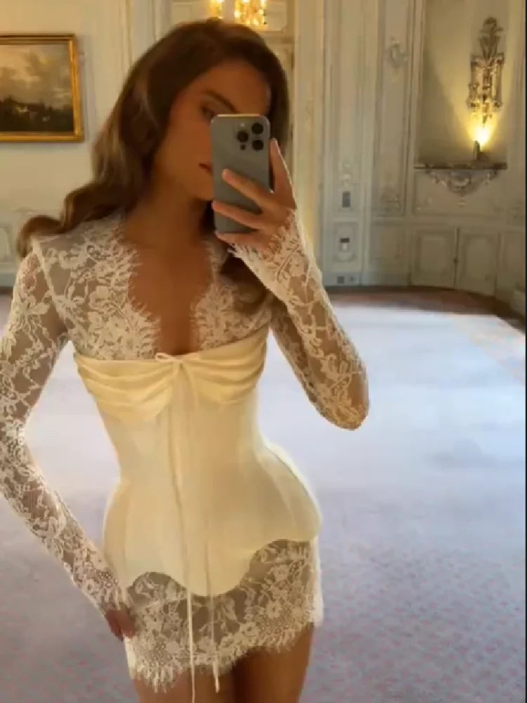 Lace Trim Bustier Dress Satin Deep V Neck Long Sleeve Ruched Sexy Elegant Bandage Vestido 2026 NEW Women's Evening Dresses