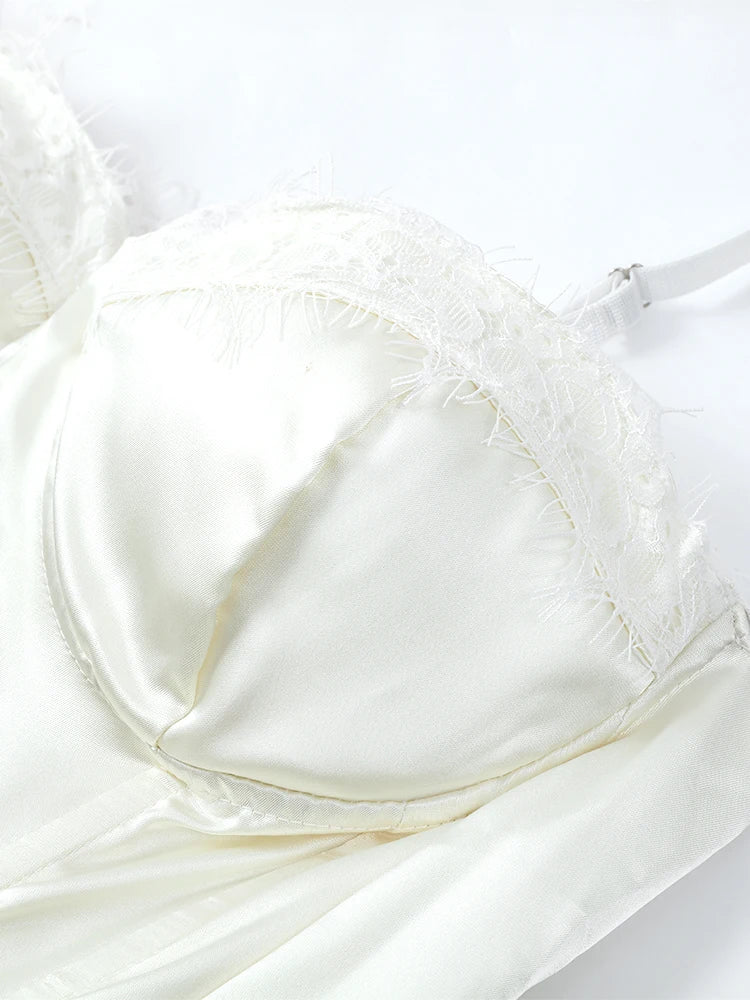 Women's White Lace Trim Corset Mini Dress Sexy Sweetheart Neck Spaghetti Strap Slit Hem 2026 Summer Leisure Nightclub Party Wear
