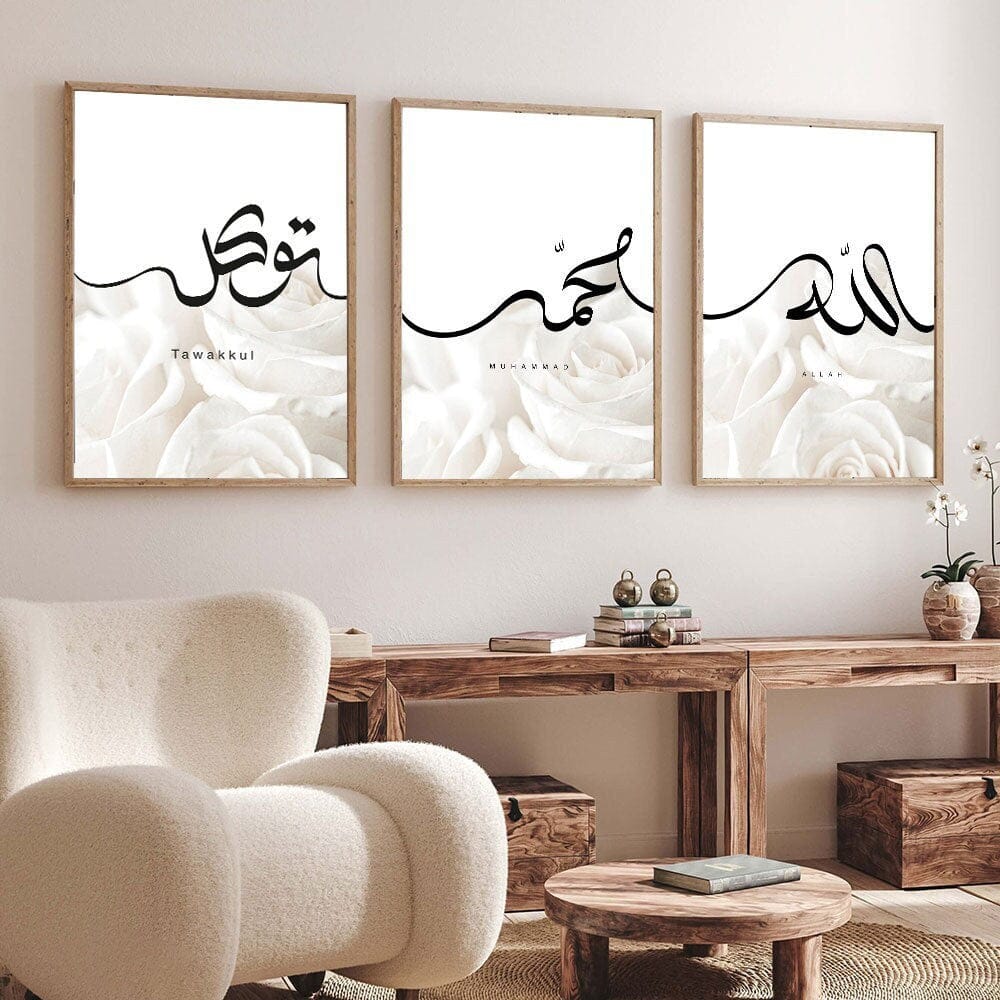 Poster weiße Rosen  Kalligraphie · Wandbilder Wohnzimmer & Schlafzimmer · Deko Print Bilder · ohne Rahmen